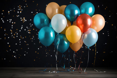 Colorful balloons confetti ribbon with anniversary and birthday festive decoration on white Backgroundの素材