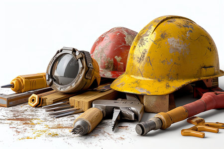 Construction manufacturing tools with yellow safety helmet and labor day worker illustration backgroundの素材