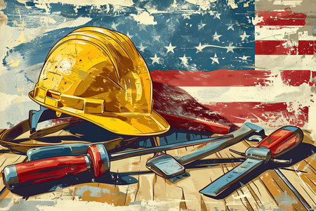 Construction manufacturing tools with yellow safety helmet and labor day worker illustration backgroundの素材
