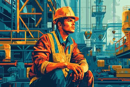 Construction manufacturing tools with yellow safety helmet and labor day worker illustration backgroundの素材
