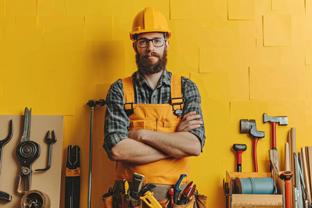 Construction manufacturing tools with yellow safety helmet and labor day worker illustration backgroundの素材