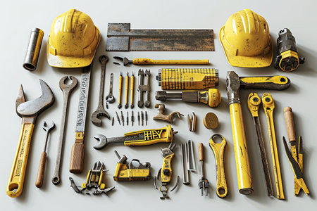 Construction manufacturing tools with yellow safety helmet and labor day worker illustration backgroundの素材
