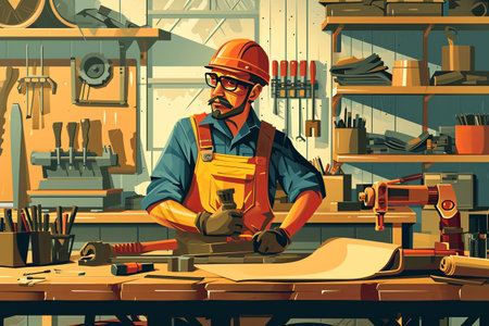 Construction manufacturing tools with yellow safety helmet and labor day worker illustration backgroundの素材