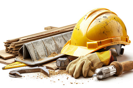 Construction manufacturing tools with yellow safety helmet and labor day worker illustration backgroundの素材