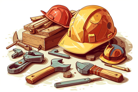 Construction manufacturing tools with yellow safety helmet and labor day worker illustration backgroundの素材