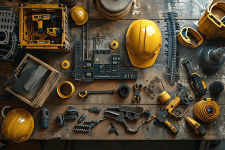 Construction manufacturing tools with yellow safety helmet and labor day worker illustration backgroundの素材