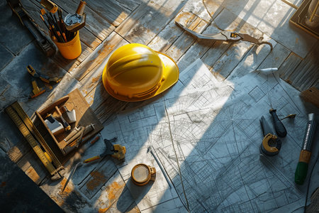 Construction manufacturing tools with yellow safety helmet and labor day worker illustration backgroundの素材