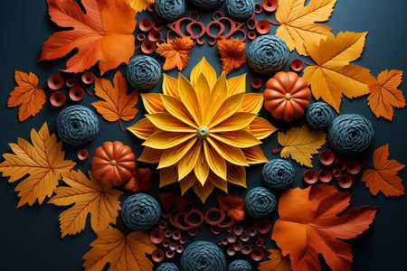 Autumn seasonal leaves border Background and thanksgiving day, harvest holiday with fruits and pumpkins decorationの素材