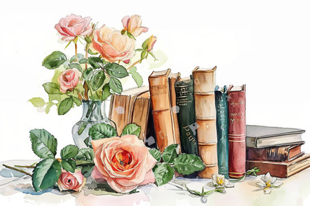 Watercolor rose flowers stack books illustration on white backgroundの素材