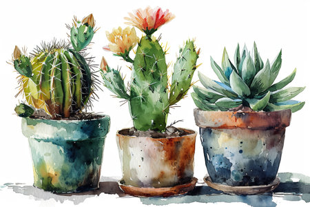 Watercolor flower cactus plants and cactus pots cartoon set illustration on white backgroundの素材