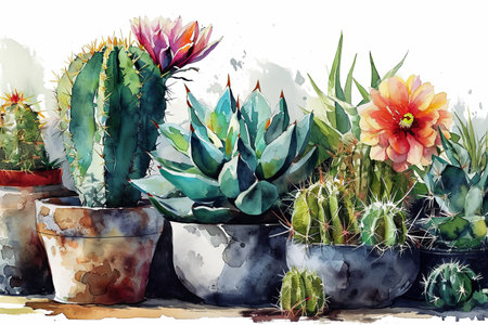 Watercolor flower cactus plants and cactus pots cartoon set illustration on white backgroundの素材