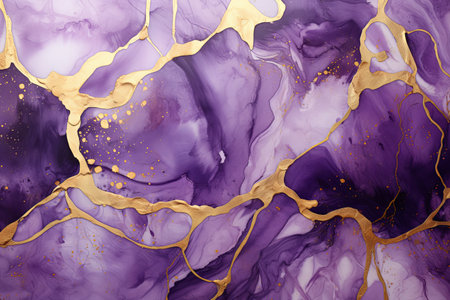 Abstract watercolor purple marble alcohol ink texture and luxury gold glitter backgroundの素材