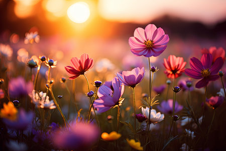 Beautiful cosmos meadow flowers field with sky background, Colorful wild flower or summer nature spring flower artの素材