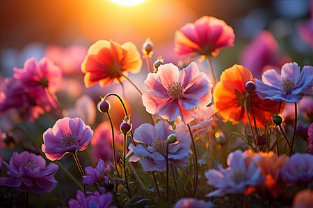 Beautiful cosmos meadow flowers field with sky background, Colorful wild flower or summer nature spring flower artの素材