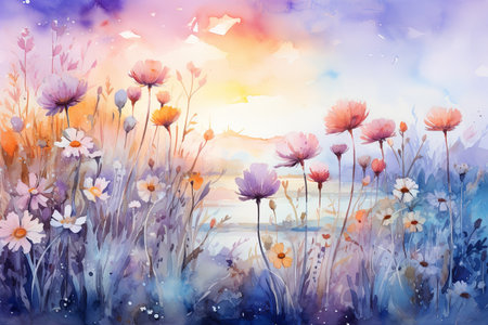 Watercolor cosmos meadow flowers field with sky background, summer spring flower art illustrationの素材
