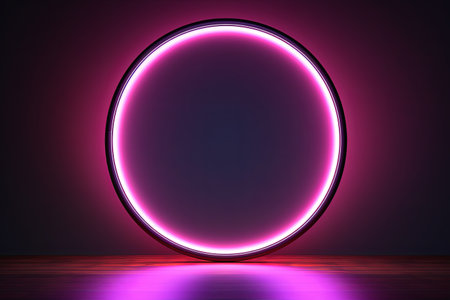 Abstract neon light circle frame with futuristic glowing light effect borders dark backgroundの素材