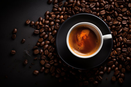 Cup of coffee with coffee beans closeup dark backgroundの素材