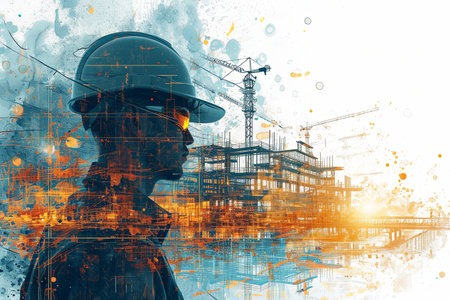Building construction engineer illustration with double exposure graphic design and Building engineers, architect people or construction workers workingの素材