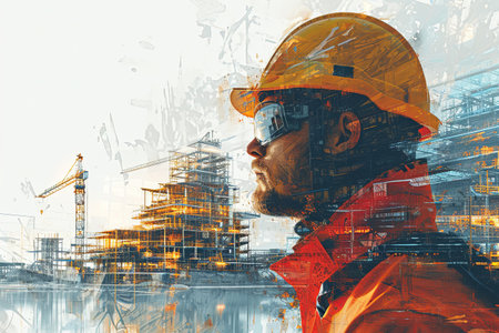 Building construction engineer illustration with double exposure graphic design and Building engineers, architect people or construction workers workingの素材
