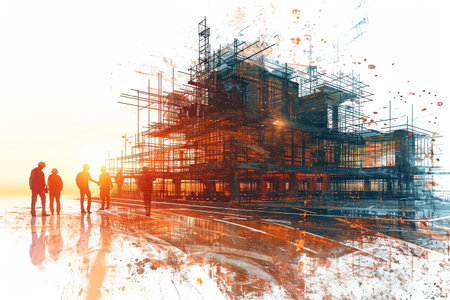 Building construction engineer illustration with double exposure graphic design and Building engineers, architect people or construction workers workingの素材