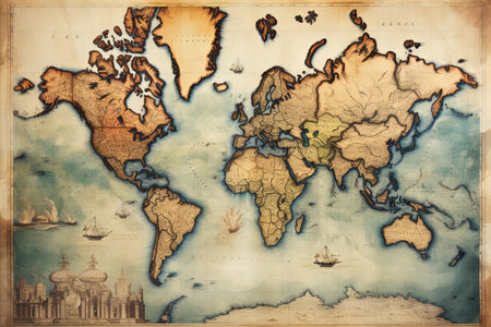 Ancient compass on old vintage world map background with Antique pirate rare itemsの素材