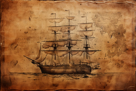 Ancient compass on old vintage world map background with Antique pirate rare itemsの素材