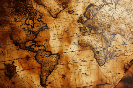 Ancient compass on old vintage world map background with Antique pirate rare itemsの素材
