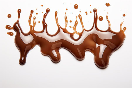 Brown chocolate liquid paint dripping with milk splash swirl wave on white backgroundの素材