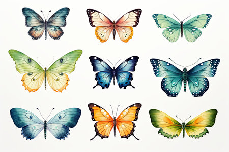 Beautiful monarch butterfly background and Watercolor flying butterflies illustration setの素材