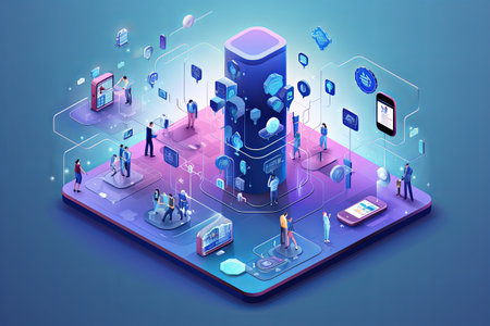 Business people touch laptop user interface with Computer technology concept isometric illustration backgroundの素材