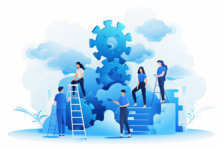 Business people teamwork concept in flat illustration backgroundの素材