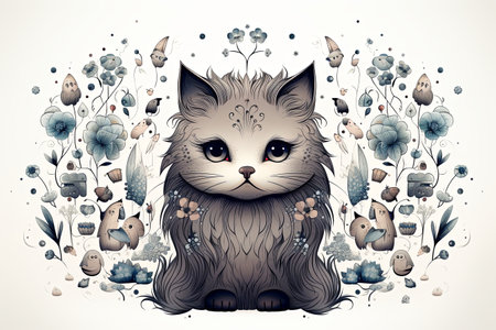 Cat head and flowers and leaves Pet Animals Illustration and cats doodleの素材