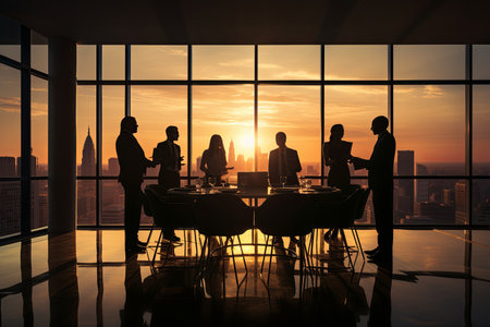 Silhouette of business people working together with modern glass office interior backgroundの素材
