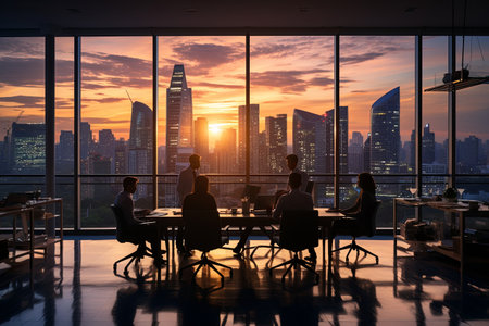 Silhouette of business people working together with modern glass office interior backgroundの素材