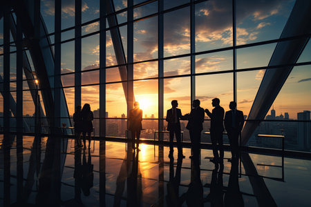Silhouette of business people working together with modern glass office interior backgroundの素材