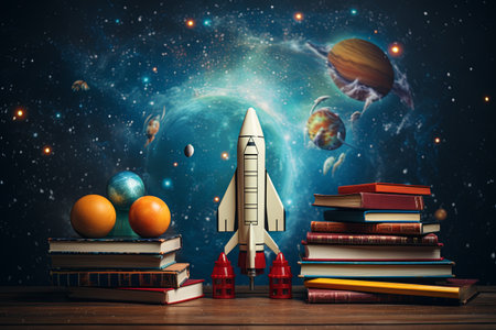 Back to school concept, backpack, book and stationery supplies on classroom desk with education equipment and chalkboard background 3D Renderingの素材