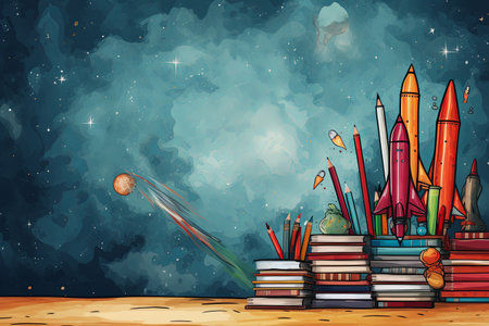 Back to school concept, backpack, book and stationery supplies on classroom desk with education equipment and chalkboard background 3D Renderingの素材