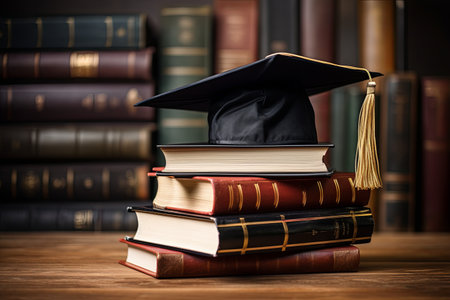 Graduation Cap, globe and Books steps with Back to school education concept backgroundの素材