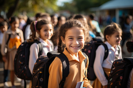 Kids group smiling school students with backpack of Back to school with education concept backgroundの素材