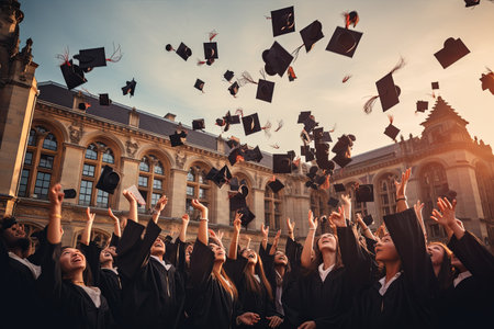 Group of University Students throwing graduation hats in celebration, education concept with students celebrate successの素材