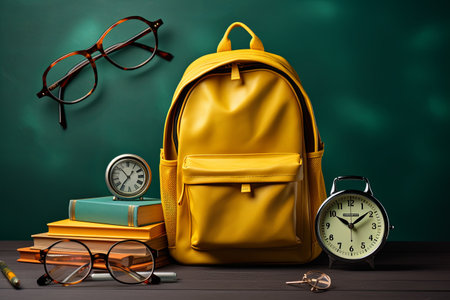 Back to school concept, yellow backpack, book and stationery supplies on classroom desk with education equipment and chalkboard background 3D Renderingの素材