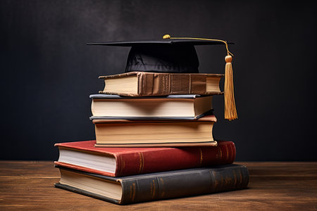Graduation Cap and Books steps with Back to school education concept backgroundの素材