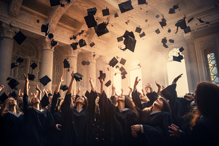 Group of University Students throwing graduation hats in celebration, education concept with students celebrate successの素材