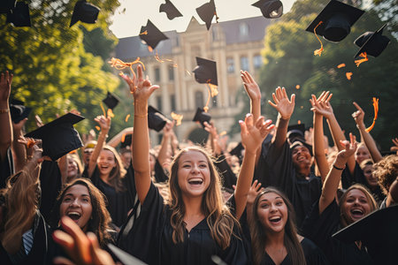 Group of University Students throwing graduation hats in celebration, education concept with students celebrate successの素材