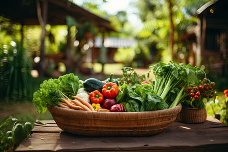Farmer in field holding basket of healthy organic vegetables or carrying a crate of freshly harvested vegetables in the gardenの素材