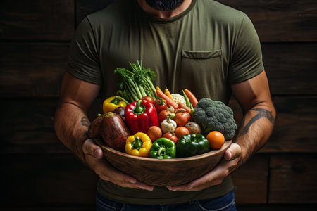 Farmer in field holding basket of healthy organic vegetables or carrying a crate of freshly harvested vegetables in the gardenの素材