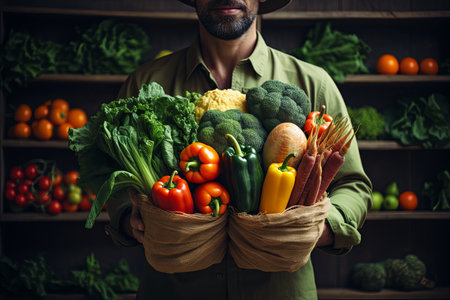 Farmer in field holding basket of healthy organic vegetables or carrying a crate of freshly harvested vegetables in the gardenの素材
