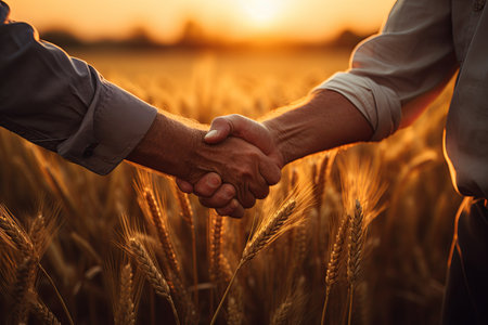 Silhouette of Man agronomist farmer in golden wheat field, The concept of harvesting in agriculture. A farmer walks through a wheat field,の素材