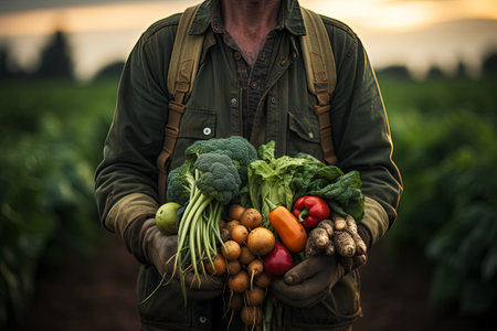 Farmer in field holding basket of healthy organic vegetables or carrying a crate of freshly harvested vegetables in the gardenの素材