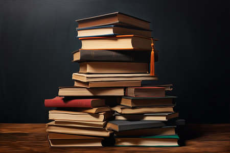 Graduation Cap, globe and Books steps with Back to school education concept backgroundの素材